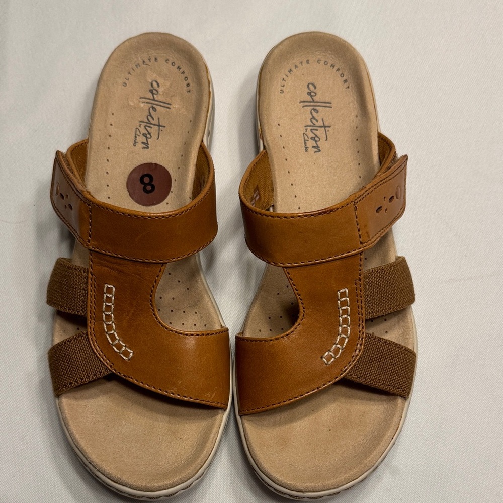 EUC Clarks Leisa Emily Tan Leather Comfort Sandals. Size 8 - Picture 1 of 8